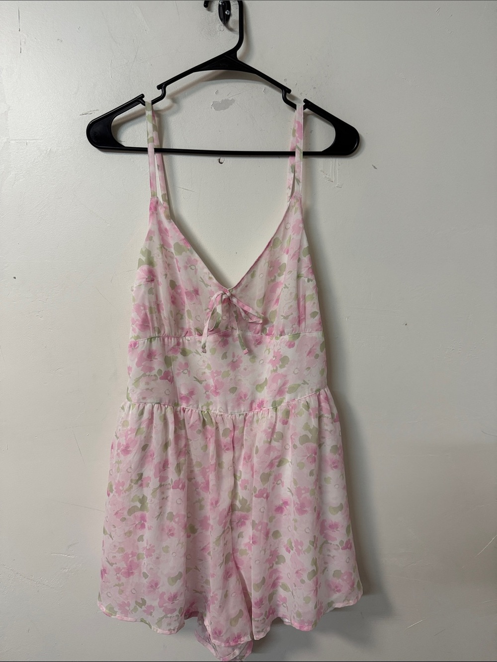 Women's Pink Floral Cami Romper with Tie Front